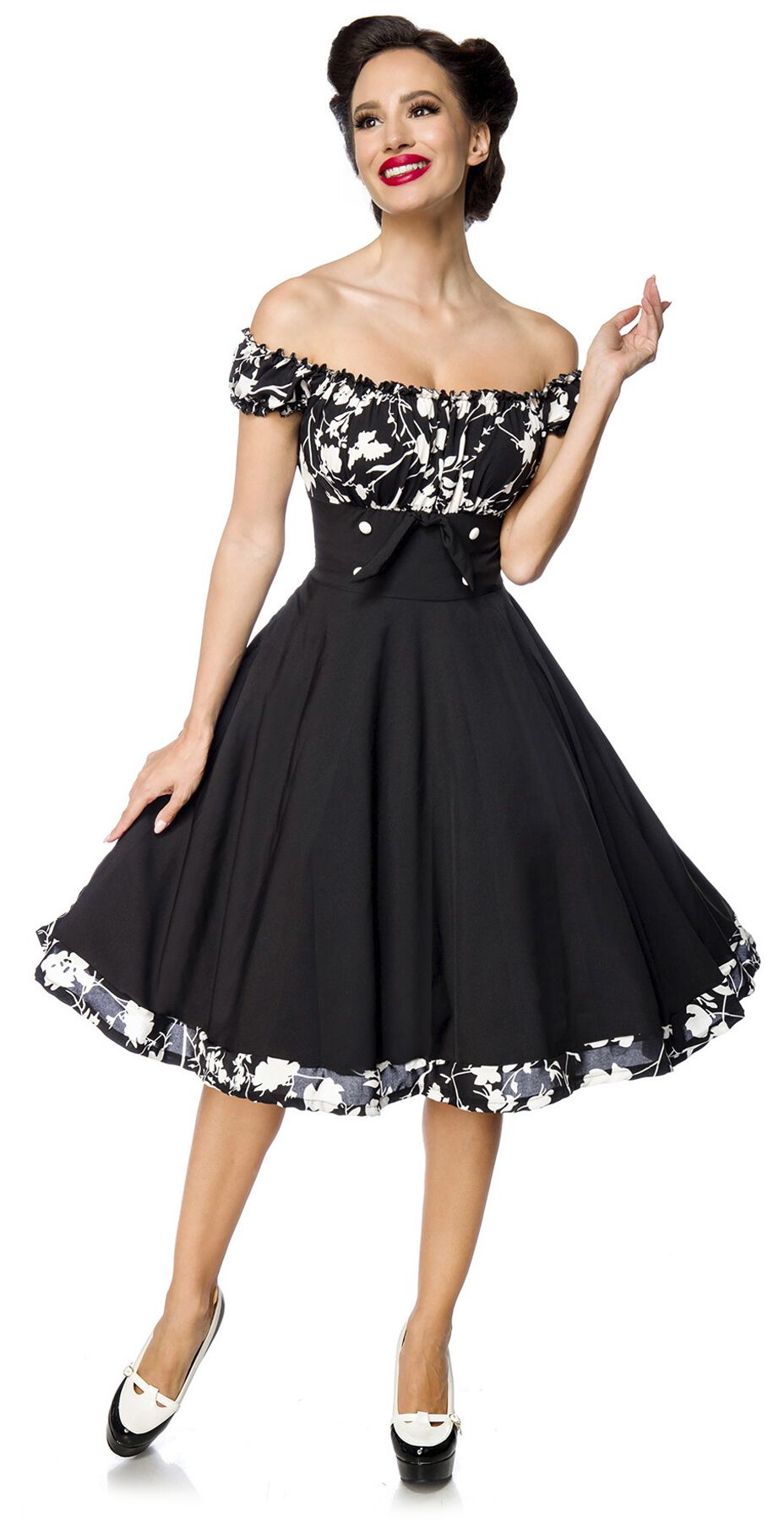 Belsira - Rockabilly Kleid knielang - Schulterfreies Swing-Kleid - S bis 4XL - für Damen - Größe L - schwarz/weiß