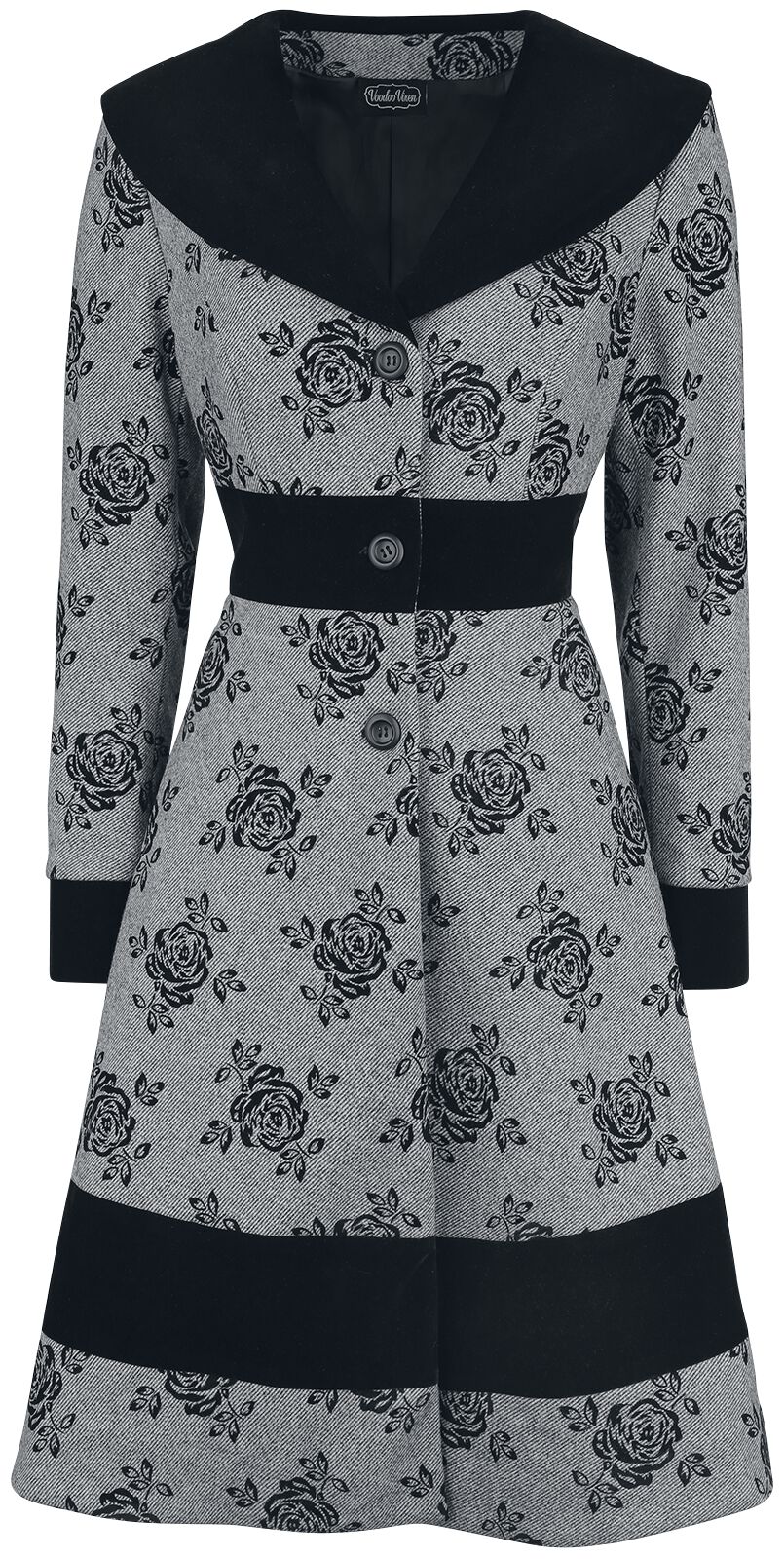 Image of Cappotti Rockabilly di Voodoo Vixen - Flo Flocked Floral Wide Collar Flare Coat - L a XL - Donna - grigio/nero