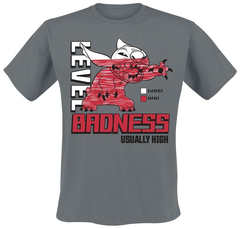 Lilo & Stitch - Disney T-skjorte - Level Badness Usually High - M til 3XL - Herrer - koksgrå
