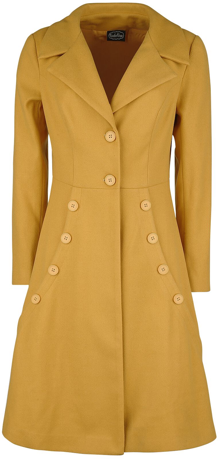 Levně Voodoo Vixen Hořčicový kabát Nicole ve stylu čtyřicátých let Dámský kabát žlutá