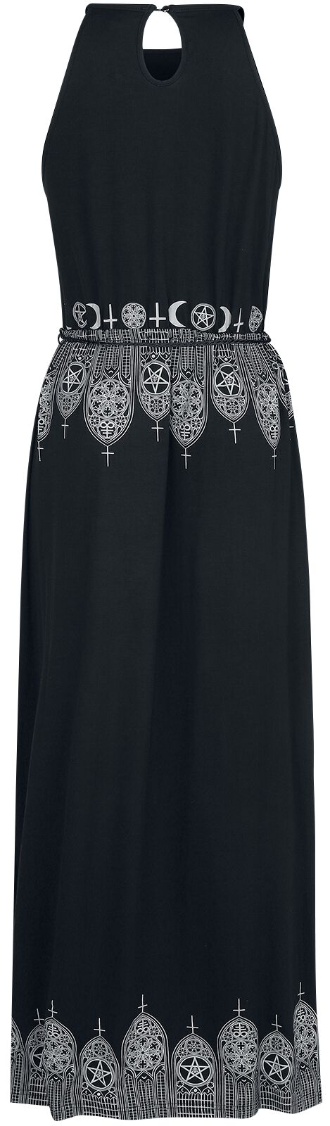 Schwarzes Maxikleid mit Prints und schmalem Bindegürtel Langes Kleid schwarz von Gothicana by EMP