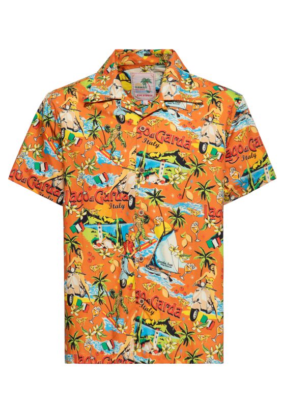 Image of Camicia Maniche Corte Rockabilly di King Kerosin - Lake Garda Tropical Hawaiian Style Shirt - S a 5XL - Uomo - arancione