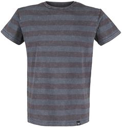 graues T-Shirt mit Querstreifen und Rundhalsausschnitt