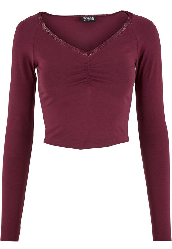 Urban Classics Langarmshirt - Ladies Short Lognsleeve Lace Shirt - XS bis XL - für Damen - Größe XS - burgund