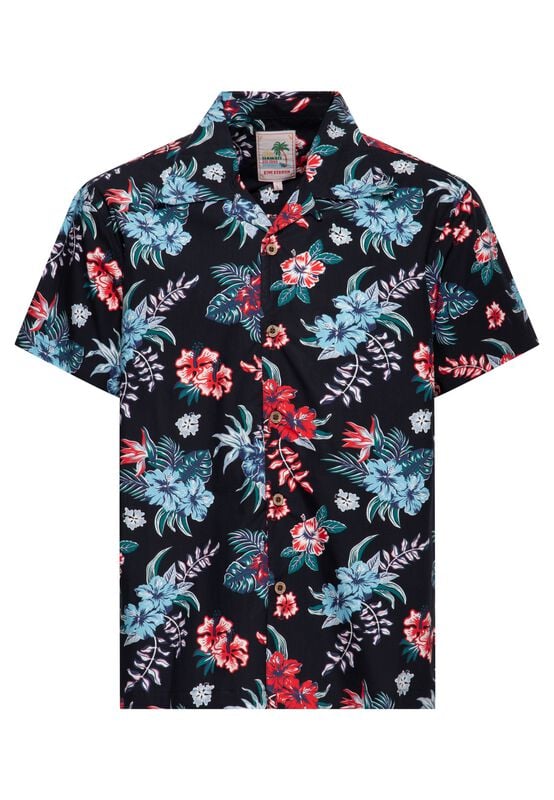 King Kerosin - Rockabilly Kortermet skjorte - Hibiscus Hawaiian Skjorte - S til 5XL - Herrer - svart