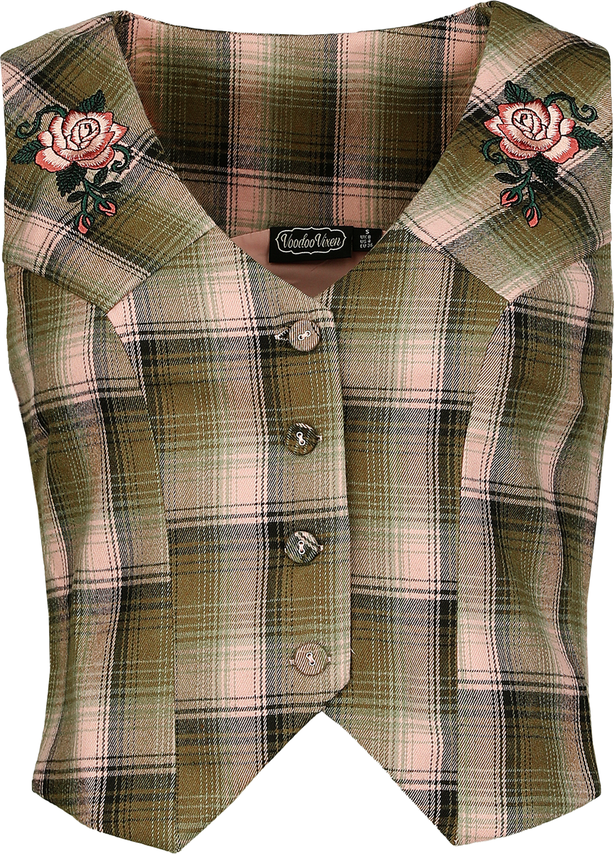 Gilet Rockabilly di Voodoo Vixen - Plaid Flower Embroidered Western Vest - Donna - verde/rosa