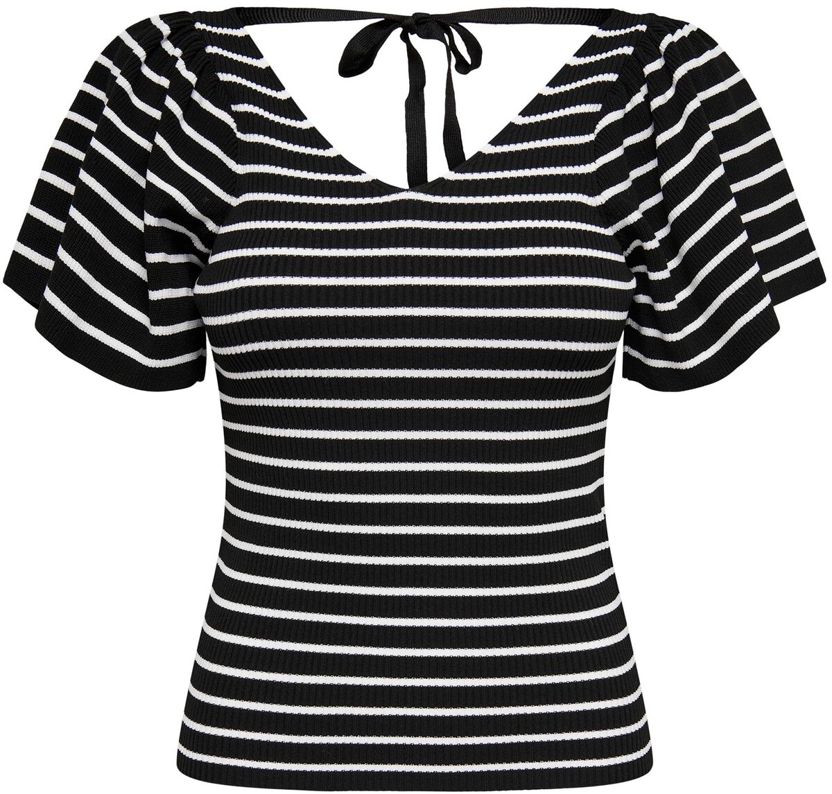 Only T-Shirt - Onlleelo Stripe SS Back V-Neck Knt - XS bis L - für Damen - Größe S - schwarz/weiß