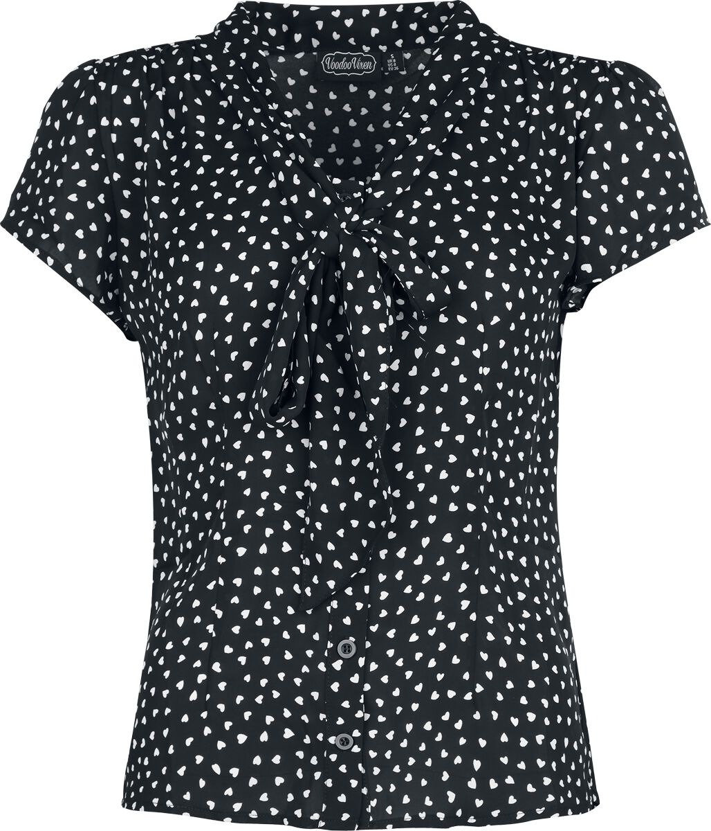 Blus Rockabilly av Voodoo Vixen - Heart Patterned Flutter Sleeve Top - Dam - svart/vit