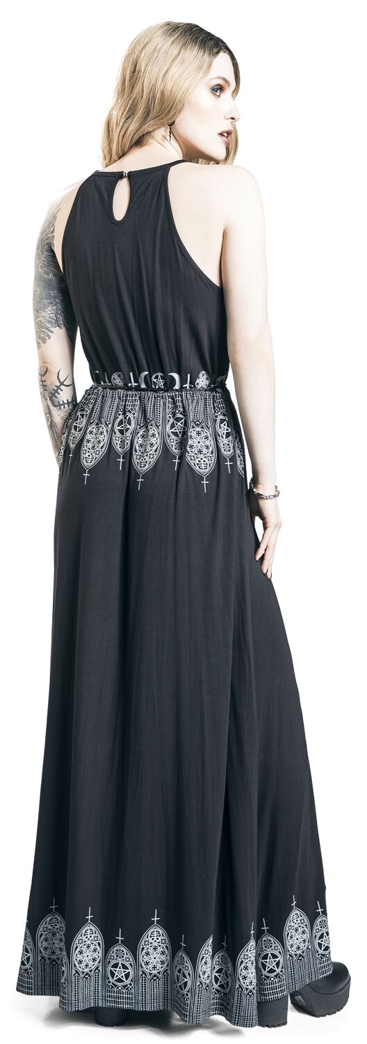 Schwarzes Maxikleid mit Prints und schmalem Bindegürtel Langes Kleid schwarz von Gothicana by EMP