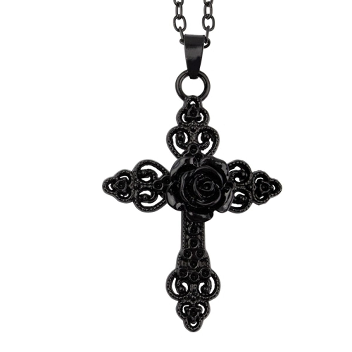 etNox Black Rose Cross Halskette schwarz