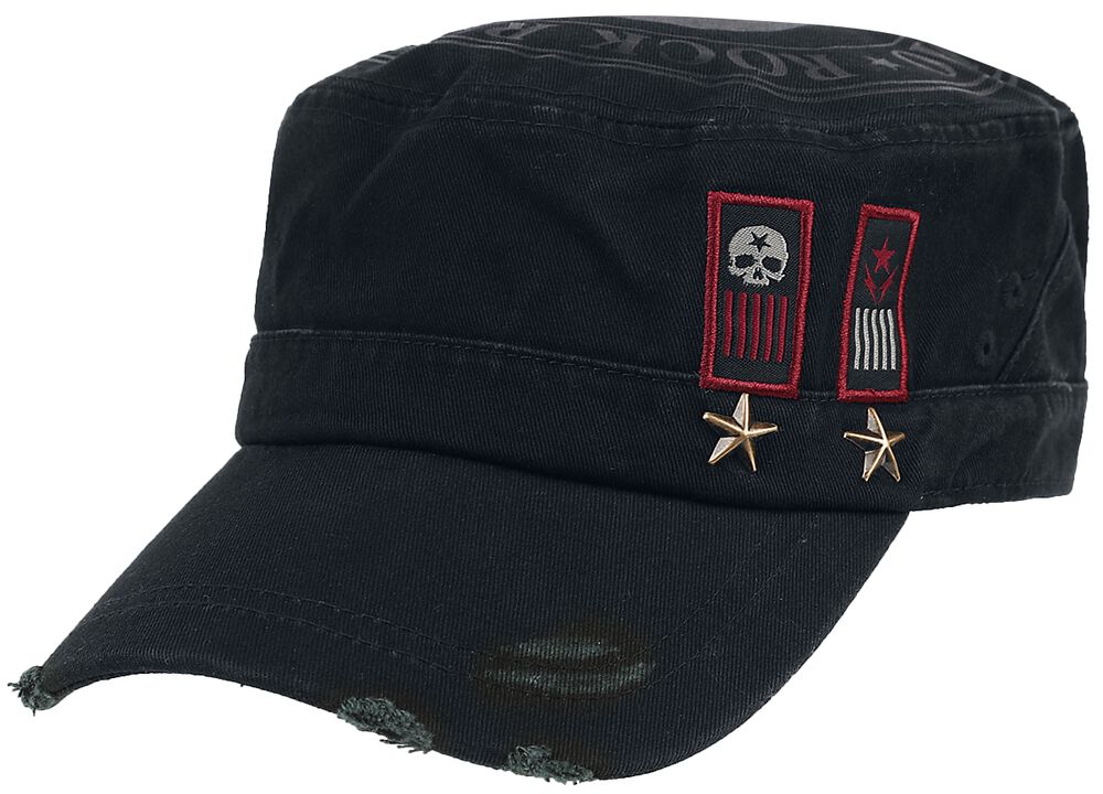 Schwarze Army-Cap mit Print, Aufnähern und Nieten