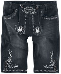 Schwarze Shorts im Lederhosen-Look mit gestickten Rockhänden und Ornamenten