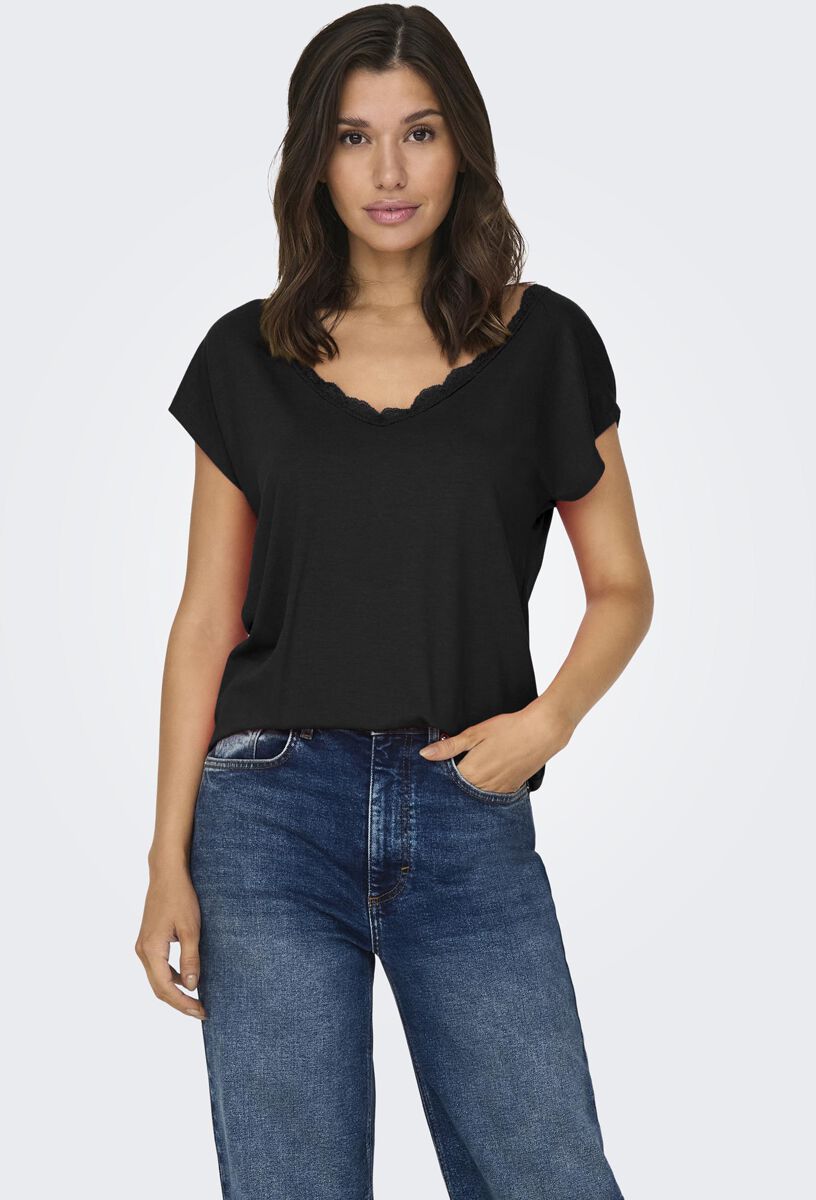 Only T-Shirt - Onlmoster S/S Lace V-Neck Top CS - XS bis M - für Damen - Größe M - schwarz