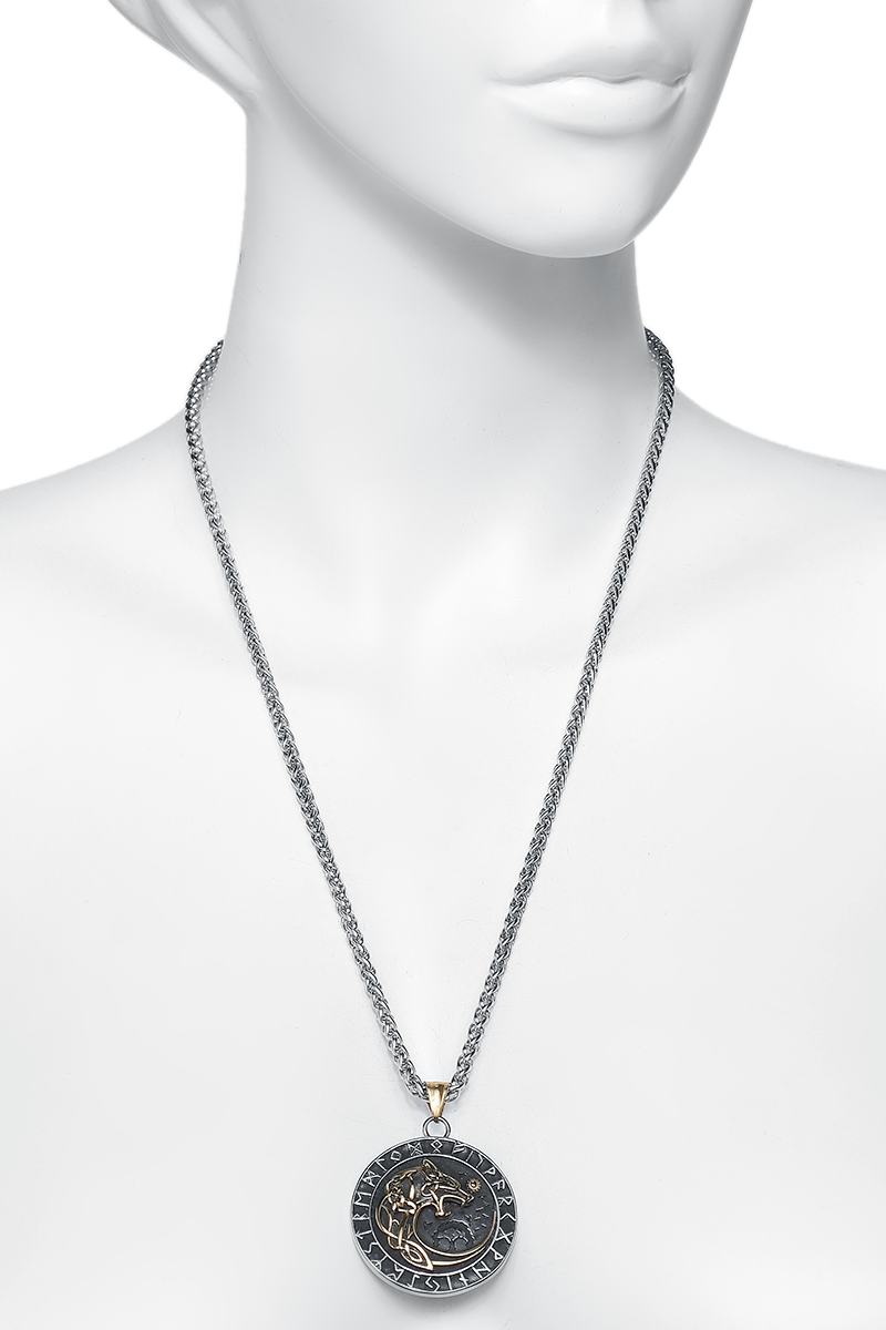 URBANTIMBER Fenriswolf im Schriftzeichenkreis Halskette silberfarben