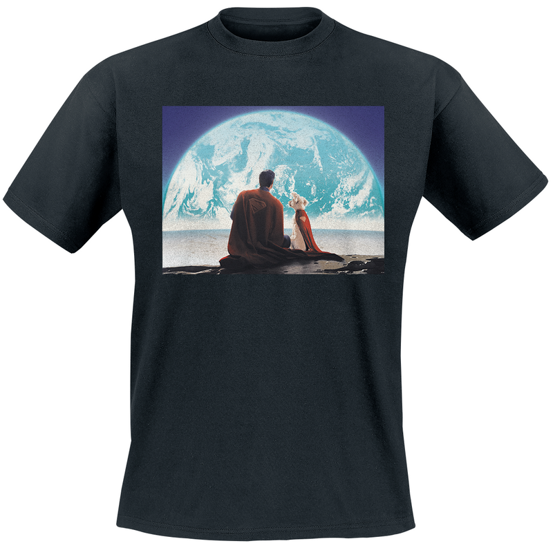 Superman  T-Shirt - 2025 - Superman Looking at Earth Krypto Cape - for Men - black