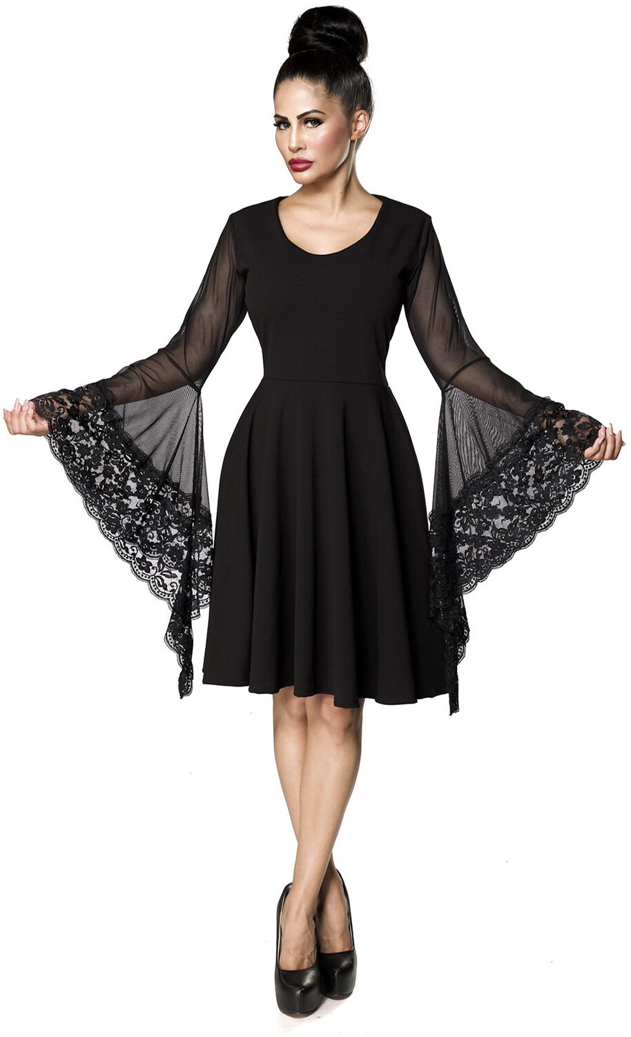 Ocultica - Gothic Kleid knielang - Gothic-Kleid mit Trompetenärmel - S bis 4XL - für Damen - Größe S - schwarz