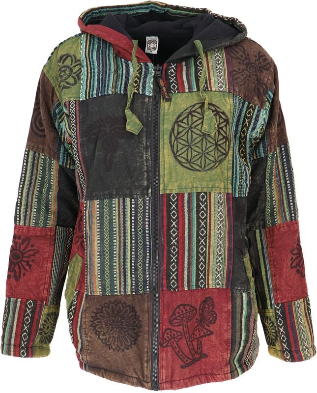 Guru-Shop Kapuzenjacke - Goa Jacke, Patchwork Sweatshirt Jacke - grün/bunt - M bis XXL - für Männer - Größe L - multicolor