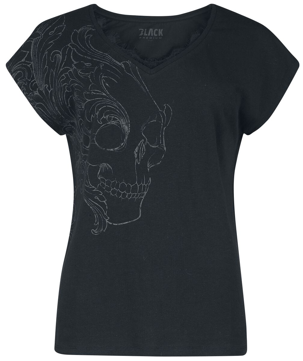 T-Shirt mit Totenkopf Print und Spitze T-Shirt schwarz von Black Premium by EMP