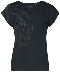 T-Shirt mit Totenkopf Print und Spitze, Black Premium by EMP, T-Shirt