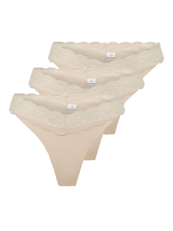 Levně Only ONLCHLOE LACE S.S THONG 3-PACK ACC NOOS Sada string kalhotek béžová
