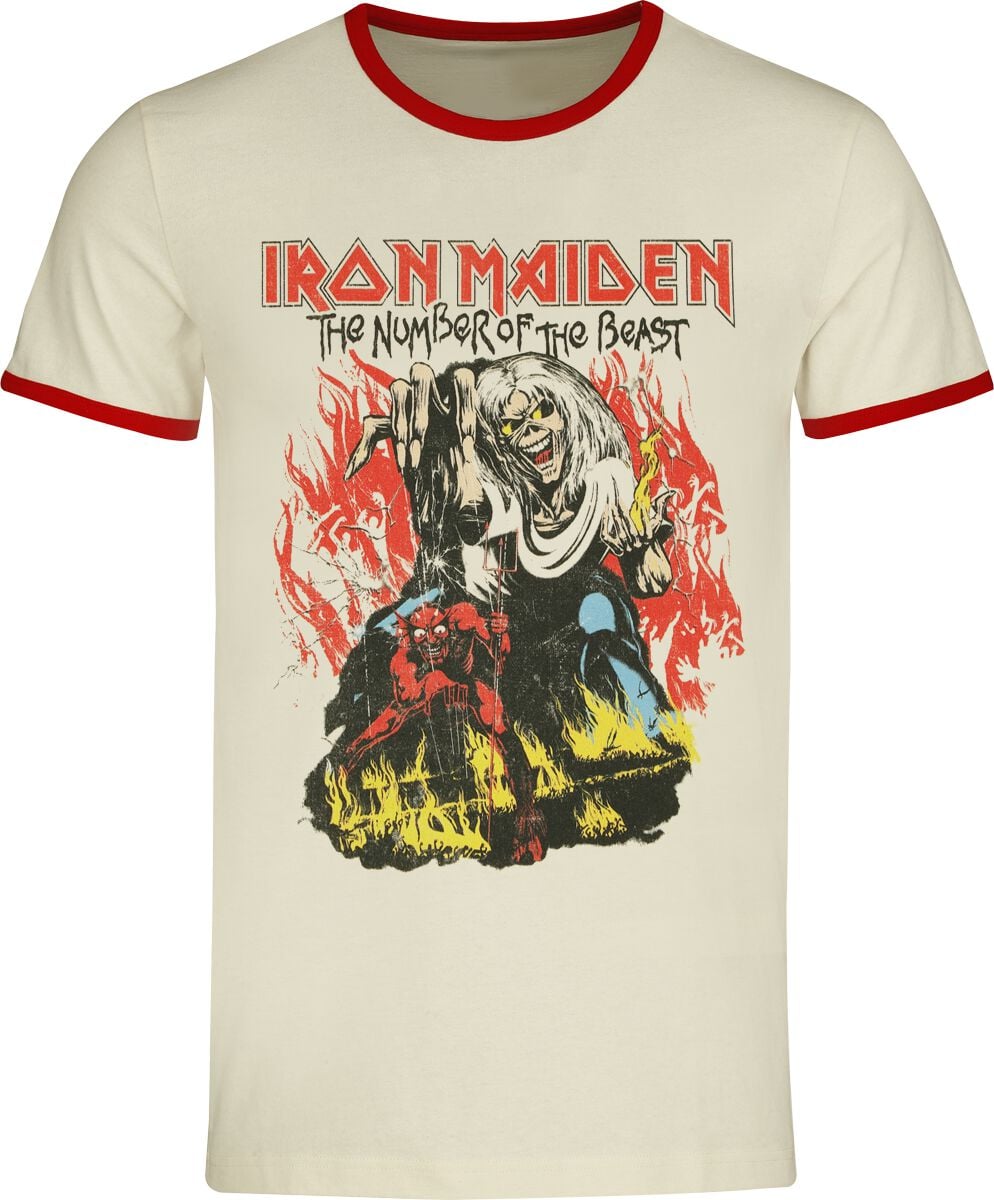 Iron Maiden T-skjorte - The Number Of The Beast - Ringer Shirt - S til 5XL - Herrer - antikk hvit