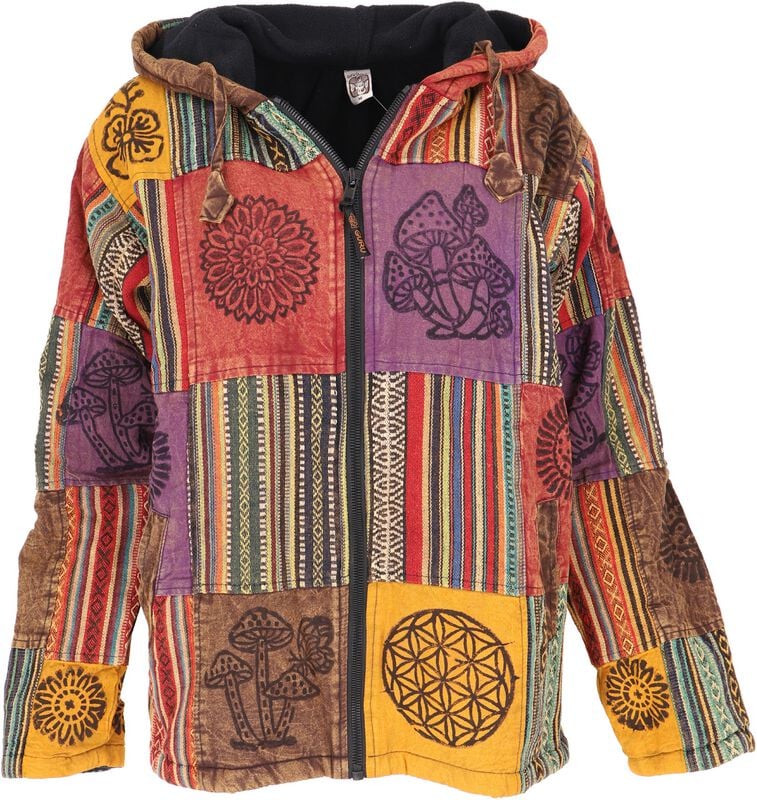 Guru-Shop Vest met capuchon - Goa Jacke, Patchwork Sweatshirt Jacke - braun/bunt - M tot XL - voor Mannen - meerkleurig