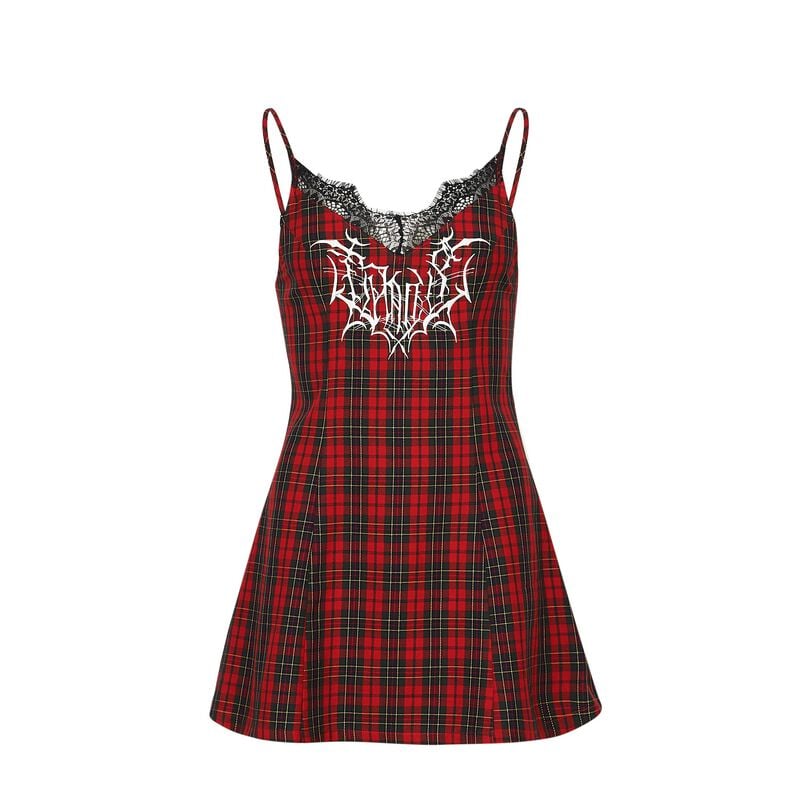 Vestido Corto Anime de KOI - Tarnished Plaid Slip Dress - Red Tartan - Mujer - Rojo