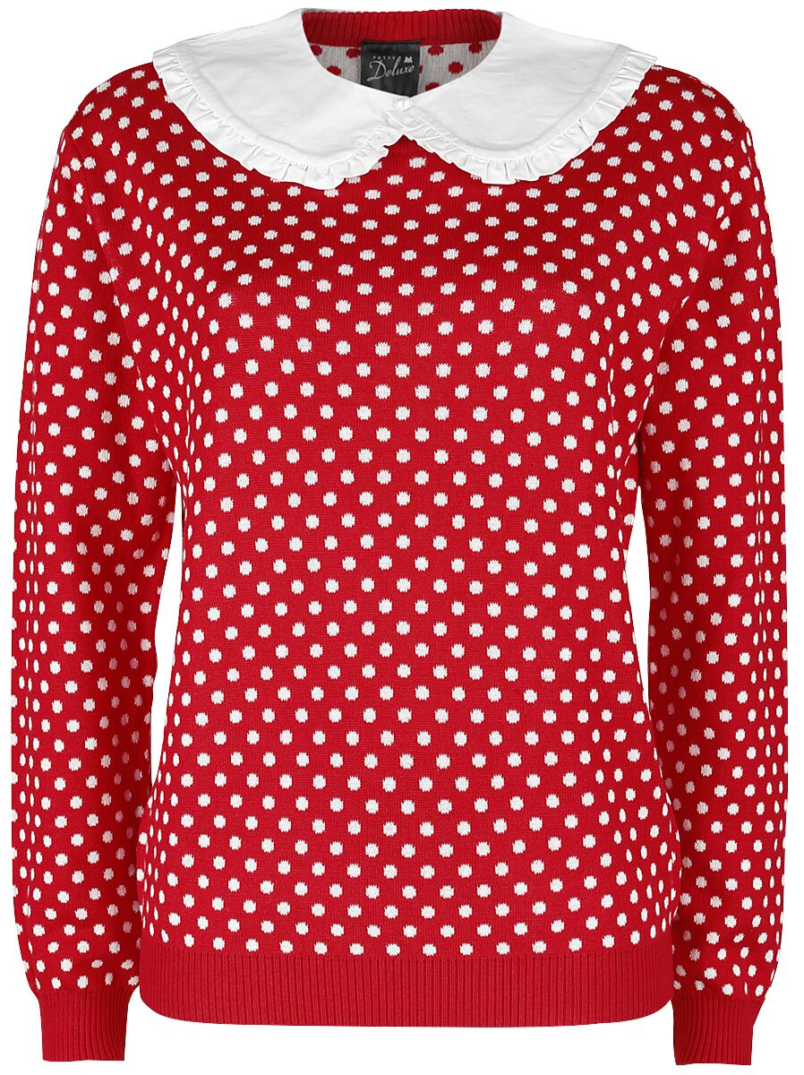 Pussy Deluxe - Rockabilly Strickpullover - Dotties Knit Pullover & Collar - XS bis XL - für Damen - Größe L - rot/weiß