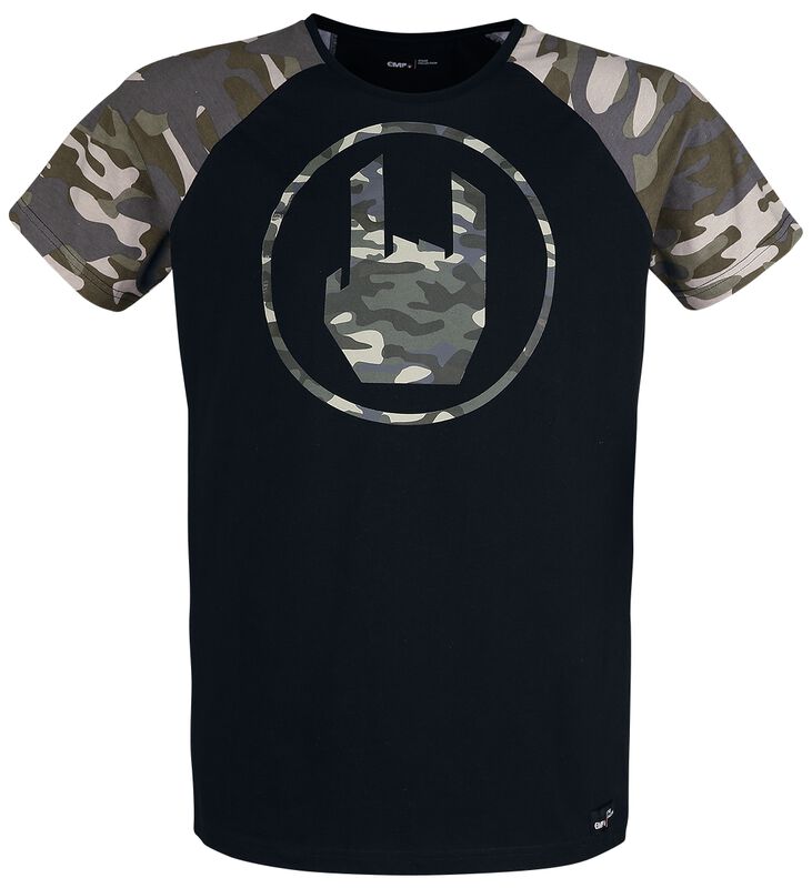 Schwarzes T-Shirt mit Rockhand-Print in camouflage