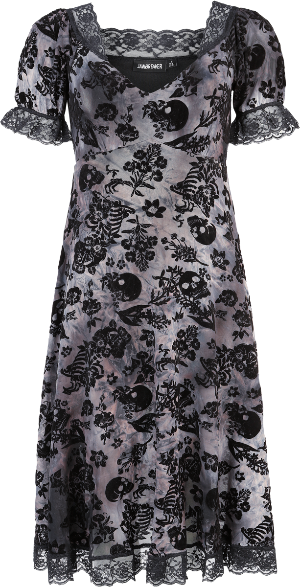 Jawbreaker Gothic Midi Dress - Flocked Skull Midi Dress with Lace Trim - for Women - black-grey