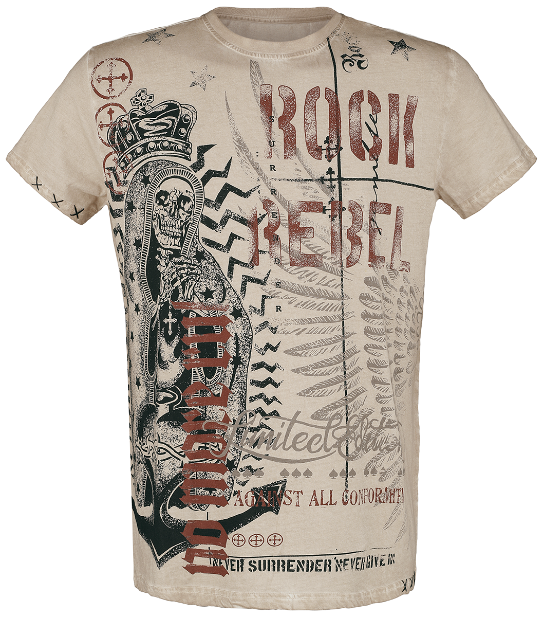 Rock Rebel by EMP - T-Shirt mit auffälligem Skull Print & Schriftzügen - T-Shirt - beige - EMP Exklusiv!