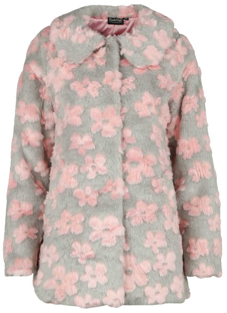 Image of Cappotti Rockabilly di Voodoo Vixen - Flower patch faux-fur coat - XS a XXL - Donna - grigio/rosa
