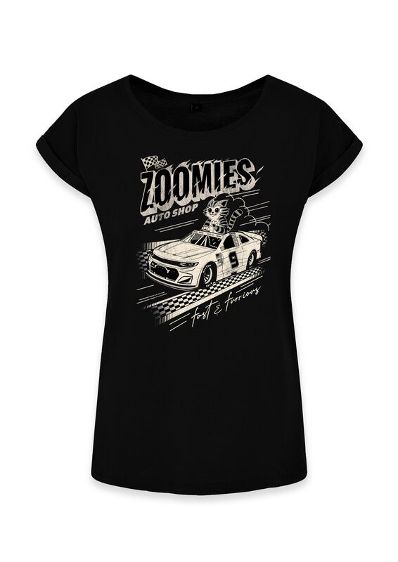 Goodie Two Sleeves Fun T-Shirt - Zoomies Auto Shop - for Women - black