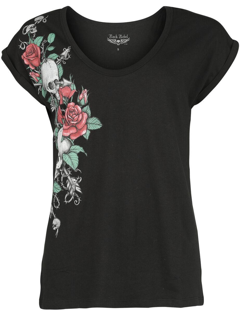 Image of T-Shirt di Rock Rebel by EMP - T-shirt with roses and skulls - S a M - Donna - nero