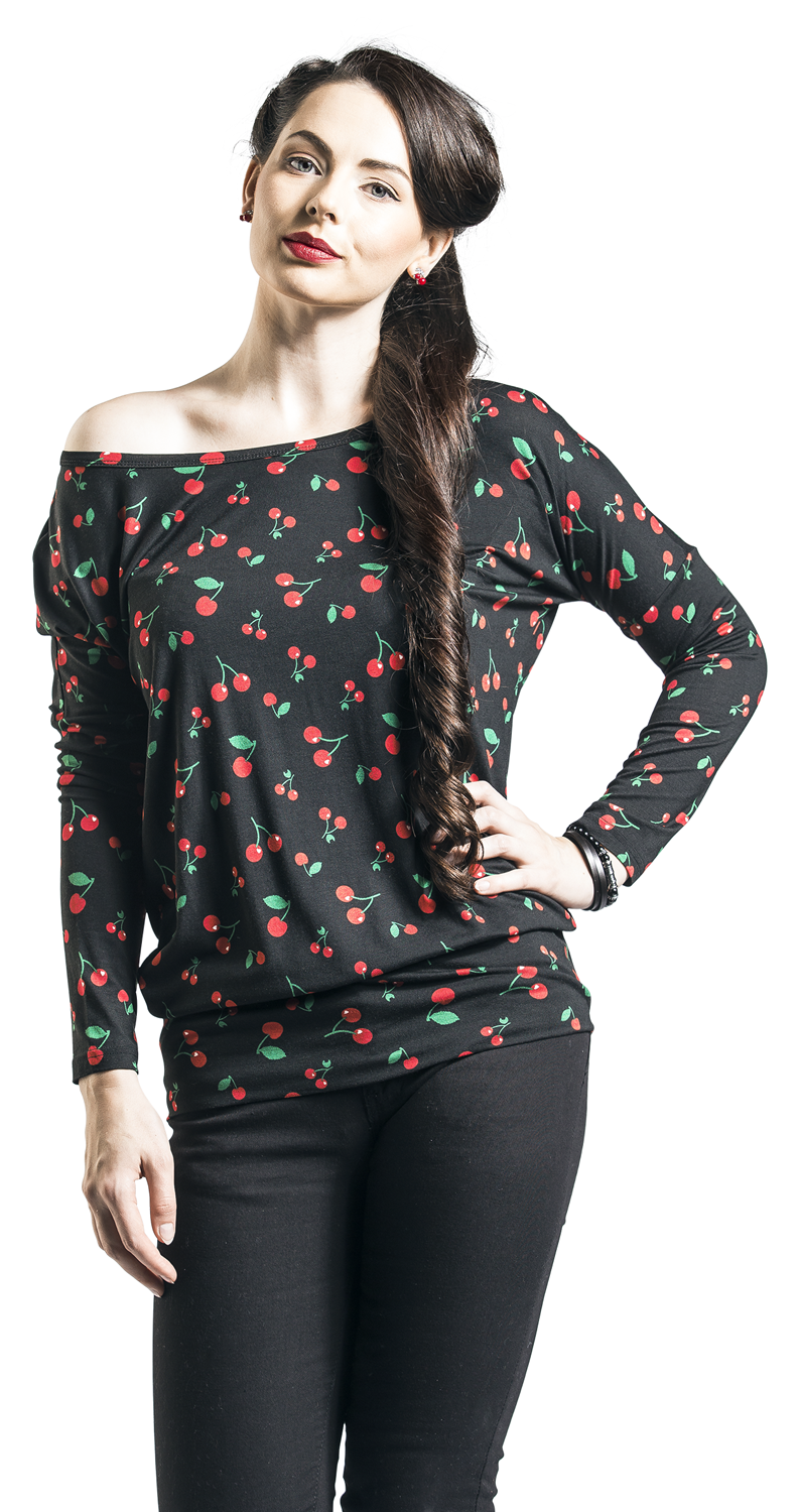 Pussy Deluxe Cherries Loose Longsleeve Langarmshirt schwarz rot
