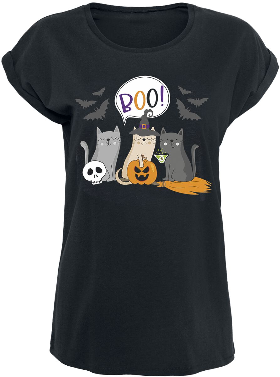 Sprüche T-Shirt - Halloween Katzen - Boo! - M bis XXL - für Damen - Größe XL - schwarz