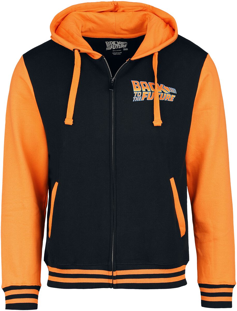 Zurück in die Zukunft Collegejacke – Delorean – S bis M – für Männer – Größe S – schwarz/orange  – Lizenzierter Fanartikel