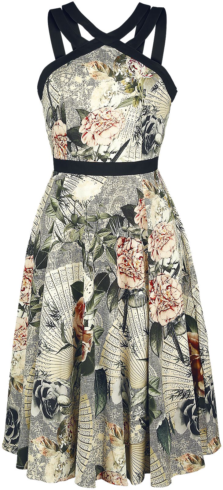 H&R London - Rockabilly Kleid knielang - Ancient Roses - S bis 4XL - für Damen - Größe S - multicolor