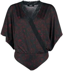 Schwarzer Body in Wickeloptik, mit Kimono-Ärmeln und Alloverprint