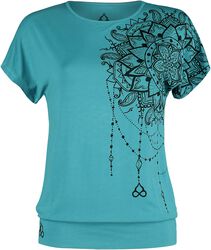 Sport und Yoga - Türkises lockeres T-Shirt mit detailreichem Print