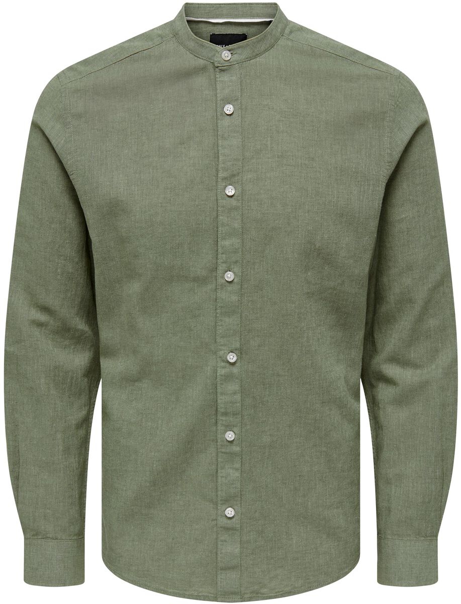 Image of Camicia Maniche Lunghe di ONLY and SONS - ONSCaiden LS Solid Linen MAO Shirt - S a XXL - Uomo - verde