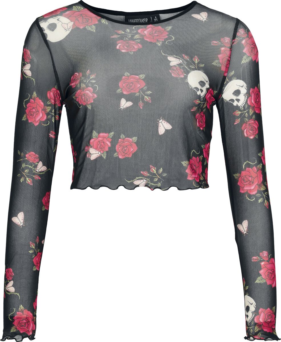 Rockabilly Langarmshirt - Skull And Rose Print Mesh Top - XS bis XXL - für Damen - Größe XL - schwarz - Frauen - female