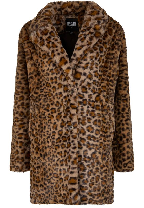 Urban Classics Coat - Ladies' Oversized Faux Fur Leopard Print Coat - XS to M - for Women - leopard