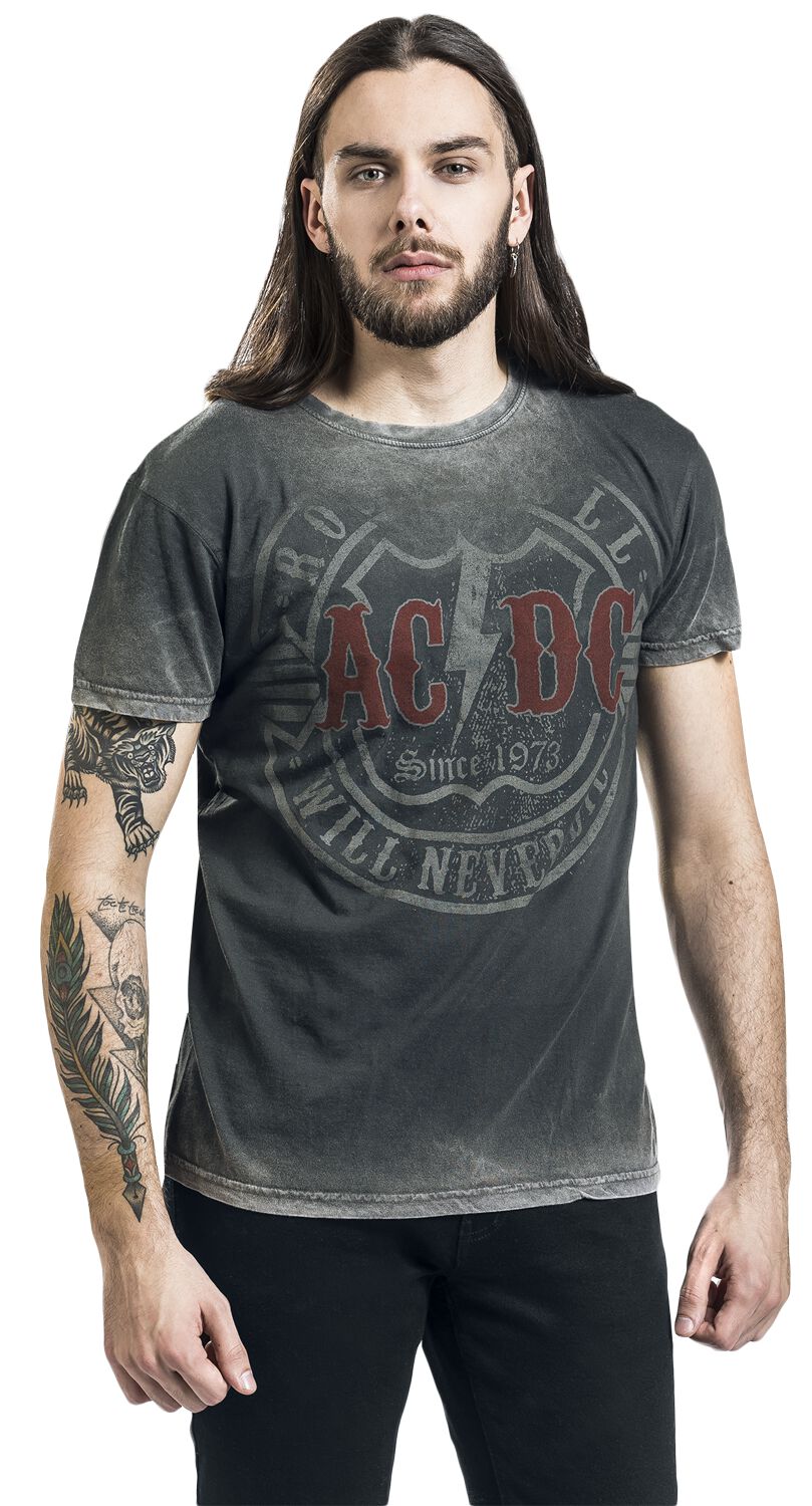 T-Shirt AC/DC Rock & Roll Will Never Die | Uomo – Nero, 100% Cotone, Vestibilità Regular | Maglia Da Concerto Con Stampa Band