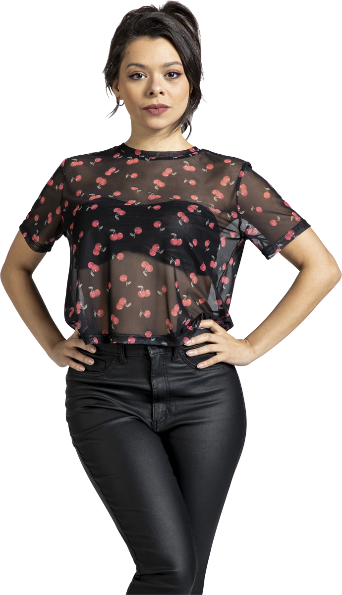 Thumbnail - Pussy Deluxe Cherries Mesh Cropped Boxy Shirt Bluse schwarz in L
