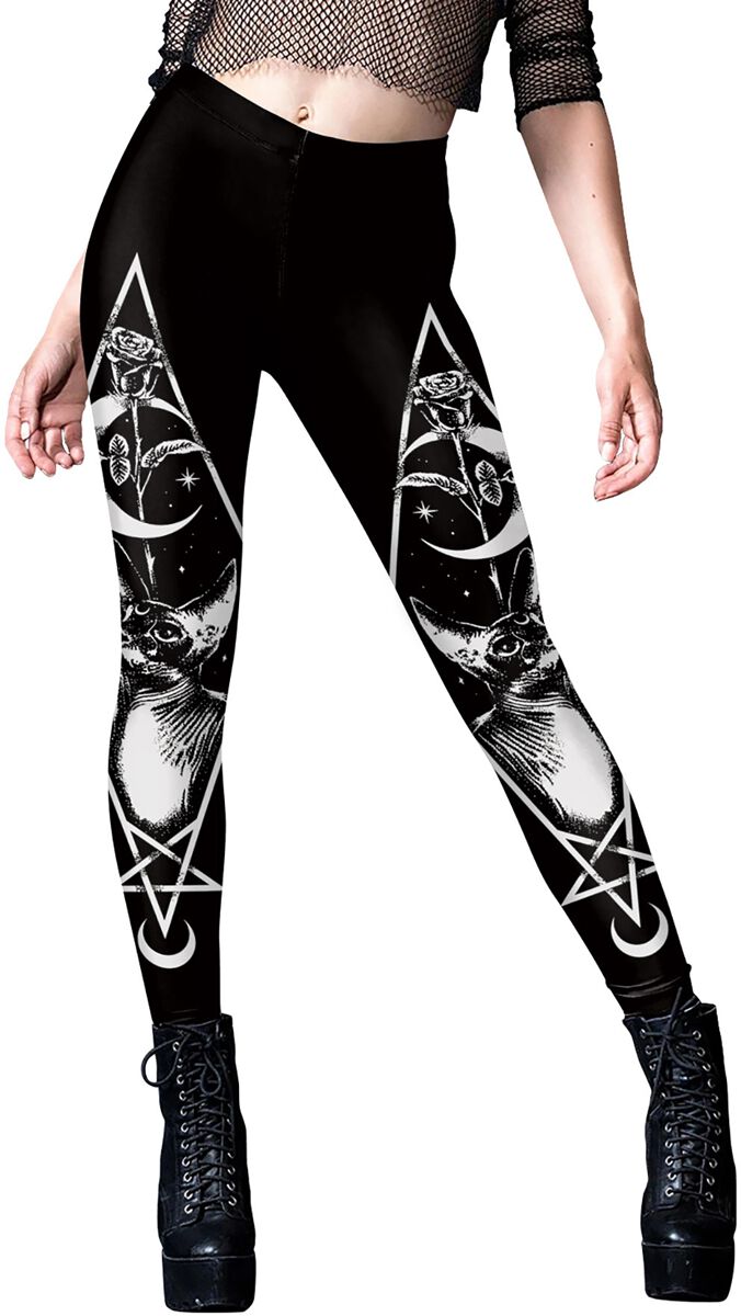 Ocultica - Gothic Leggings - Cat Pentagramm Leggings - S bis XXL - für Damen - Größe XXL - schwarz/weiß