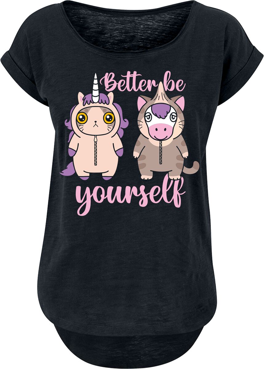 Image of T-Shirt Magliette Divertenti di Animaletti - Unicorn - Cat - Better Be Yourself - S a L - Donna - nero