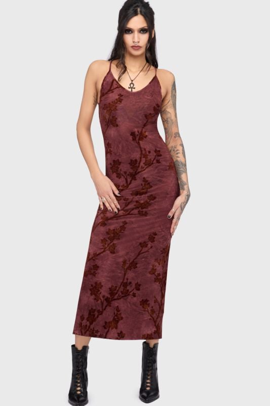 Killstar - Gothic Kleid lang - Twilight Viper Flocked Maxi Dress - XS bis 4XL - für Damen - Größe XS - rot