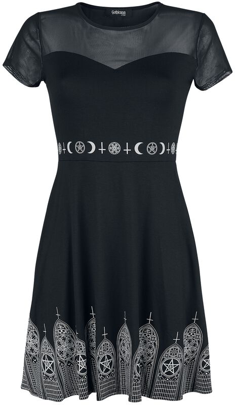 Schwarzes Kleid mit Mesheinsatz und Print
