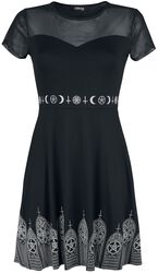 Schwarzes Kleid mit Mesheinsatz und Print